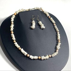 White Clam Shell & Round Light Pink Bead Necklace Earrings Set Boho Chic Beach
